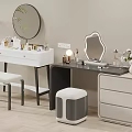 Modern Dressing Table with Round Mirror Cosmetics Stool Storage Drawers and White Flowers 3d model
