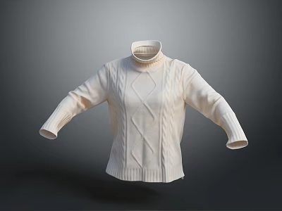 Cream Colored Turtleneck Sweater With Cable Knit Pattern And Extended Sleeves On Gray Gradient Background 3d model