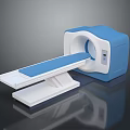 Blue And White Medical Scanner Machine With Movable Bed And Circular Aperture