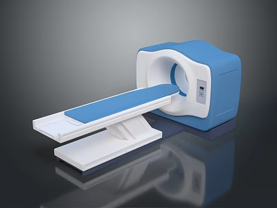 Blue And White Medical Scanner Machine With Movable Bed And Circular Aperture 3d model