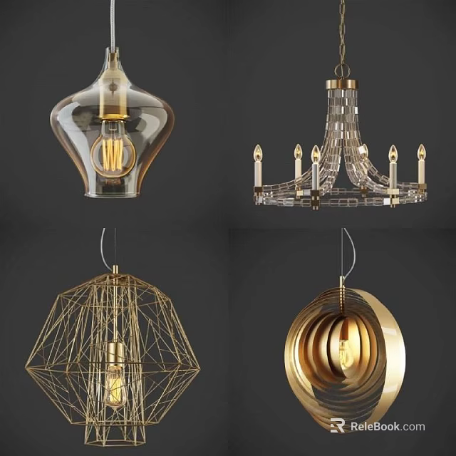 Stylish Chandeliers With Glass Metal Crystal And Geometric Spiral Designs For Modern Interior 3d model 