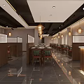 Sichuan Restaurant Interior Design With Wooden Reception Counter Hanging Lamps And Food Display Shelves