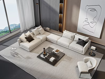 Modern L shaped Sofa and Coffee Table Set With Striped Rug Mountain View Abstract Wall Art 3d model