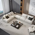 Modern L shaped Sofa and Coffee Table Set With Striped Rug Mountain View Abstract Wall Art