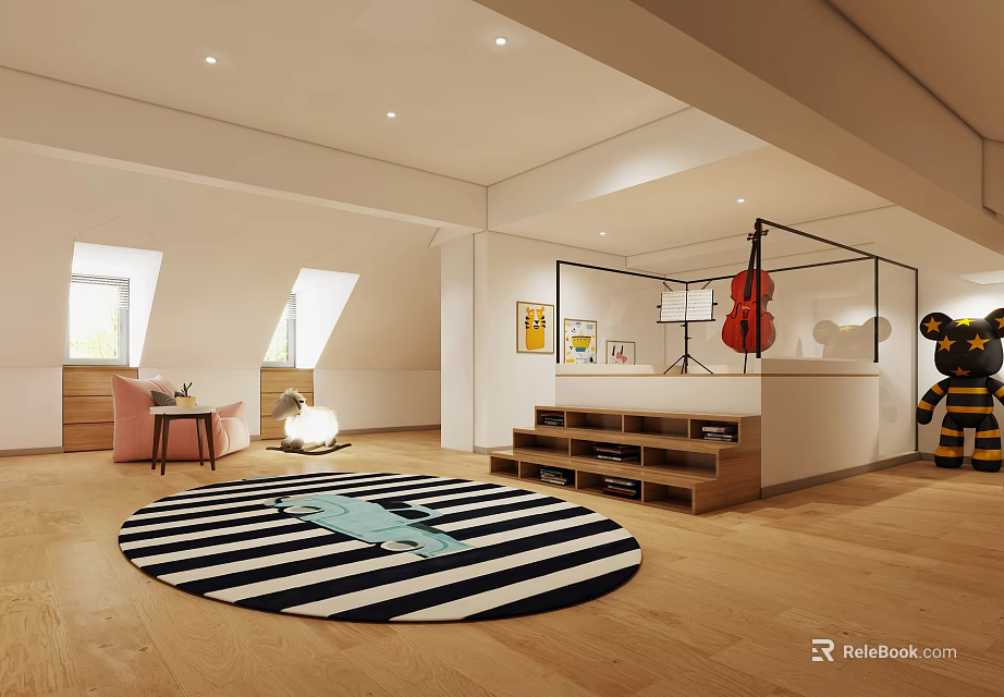 Modern Loft Room Interior With Wooden Floor Black White Striped Rug And Guitar 3d model 