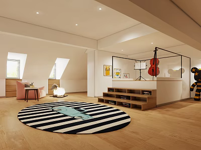Modern Loft Room Interior With Wooden Floor Black White Striped Rug And Guitar 3d model