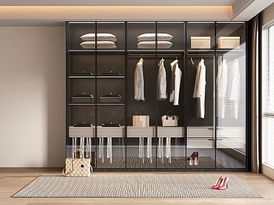 Modern Glass Door Wardrobe Interior With Hanging Clothes Folded Items And Storage For Bags Shoes 3d model