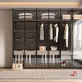 Modern Glass Door Wardrobe Interior With Hanging Clothes Folded Items And Storage For Bags Shoes