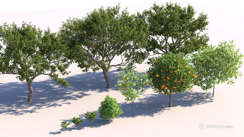 Lush Arboreal Trees with Green Leaves and Orange Fruits in Various Sizes and Shadows 3d model 
