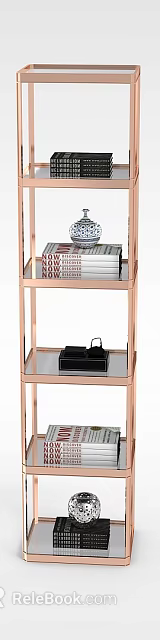 Rose Gold Metal Shelf Unit with Multiple Shelves Holding Books and Decorative Items 3d model 