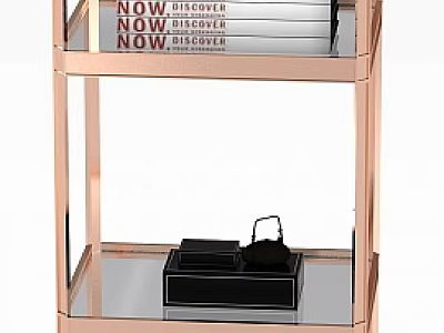 Rose Gold Metal Shelf Unit with Multiple Shelves Holding Books and Decorative Items 3d model