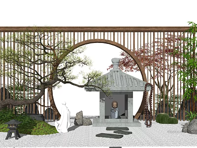 Traditional Chinese Feature Wall Design With Wooden Lattice Circular Arch Green Plants And Stone Pavilion 3d model
