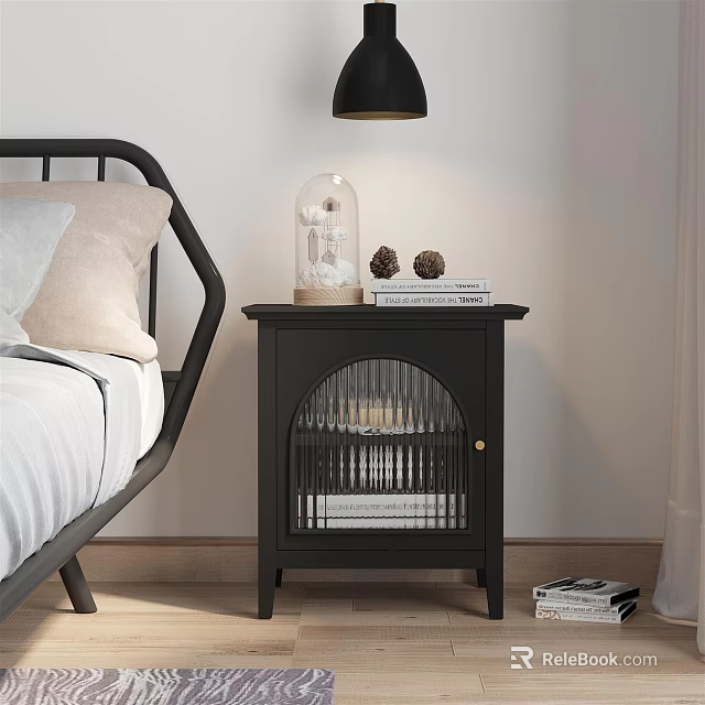 Modern Black Bedside Table With Glass Cloche Books And Lattice Door Design 3d model 