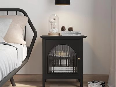 Modern Black Bedside Table With Glass Cloche Books And Lattice Door Design 3d model