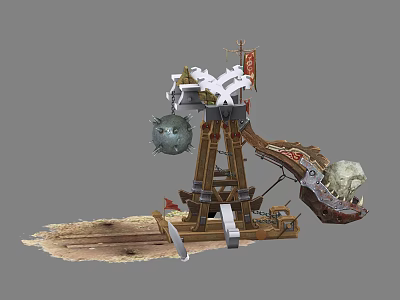 Medieval Wooden Siege Engine With Stone Projectile Flag And Sand Base 3d model