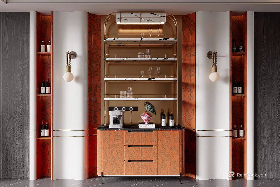 Modern Wooden Wine Cabinet With Glass Shelves Wine Bottles And Wall Lamps 3d model 