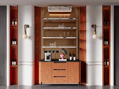 Modern Wooden Wine Cabinet With Glass Shelves Wine Bottles And Wall Lamps 3d model