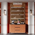 Modern Wooden Wine Cabinet With Glass Shelves Wine Bottles And Wall Lamps