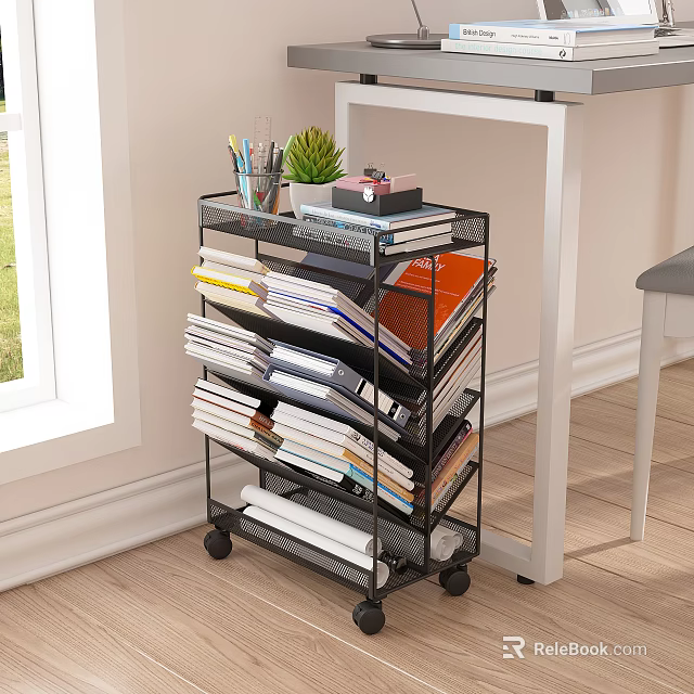 Rolling Metal Mesh Bookshelf With Multiple Shelves Books Stationery And Small Plant 3d model 