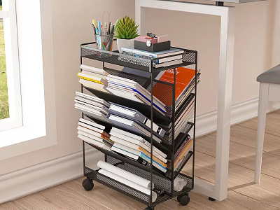 Rolling Metal Mesh Bookshelf With Multiple Shelves Books Stationery And Small Plant 3d model