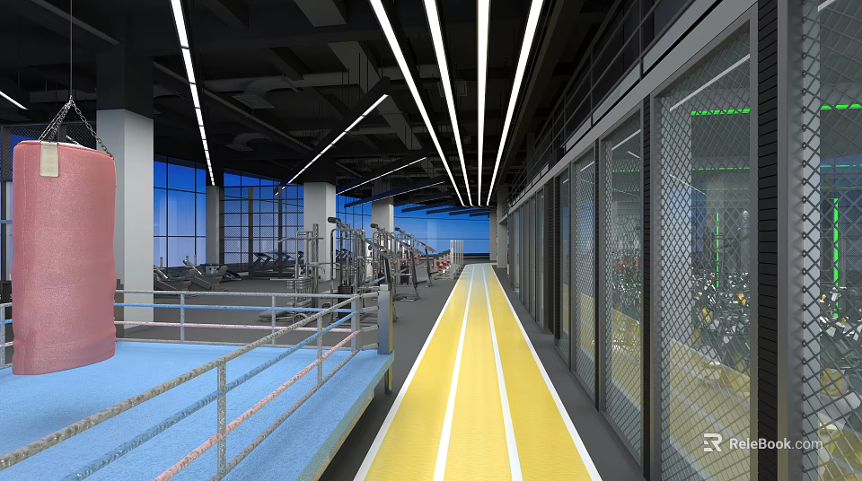 Modern Fitness Gym Interior With Indoor Running Track Exercise Equipment And Glass Walls 3d model 