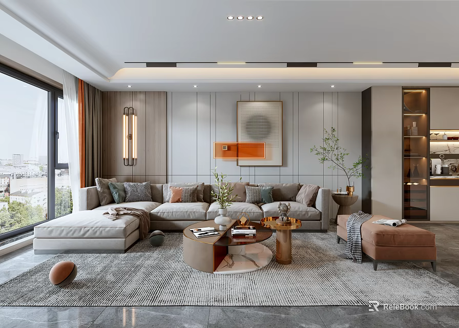 Modern Living Room Interior Design With Large Window Light Gray Sofa And Decorative Elements 3d model
