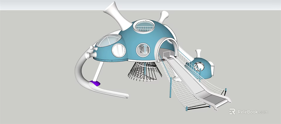 Blue Dome Playground Equipment With Round Windows Slide And Net Climbing Structure 3d model