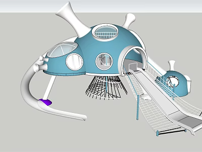 Blue Dome Playground Equipment With Round Windows Slide And Net Climbing Structure 3d model