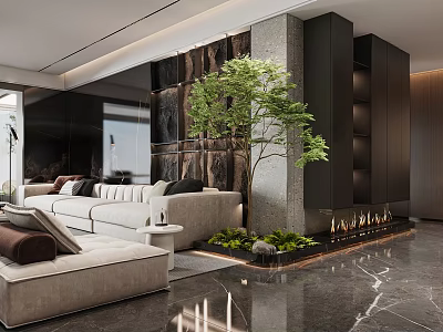 Elegant Modern Living Room Interior With Sofa Green Tree And Marble Fireplace 3d model