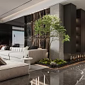 Elegant Modern Living Room Interior With Sofa Green Tree And Marble Fireplace