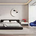 Modern Bedroom Interior Design With Platform Bed Blue Accent Chair And Wall Decor