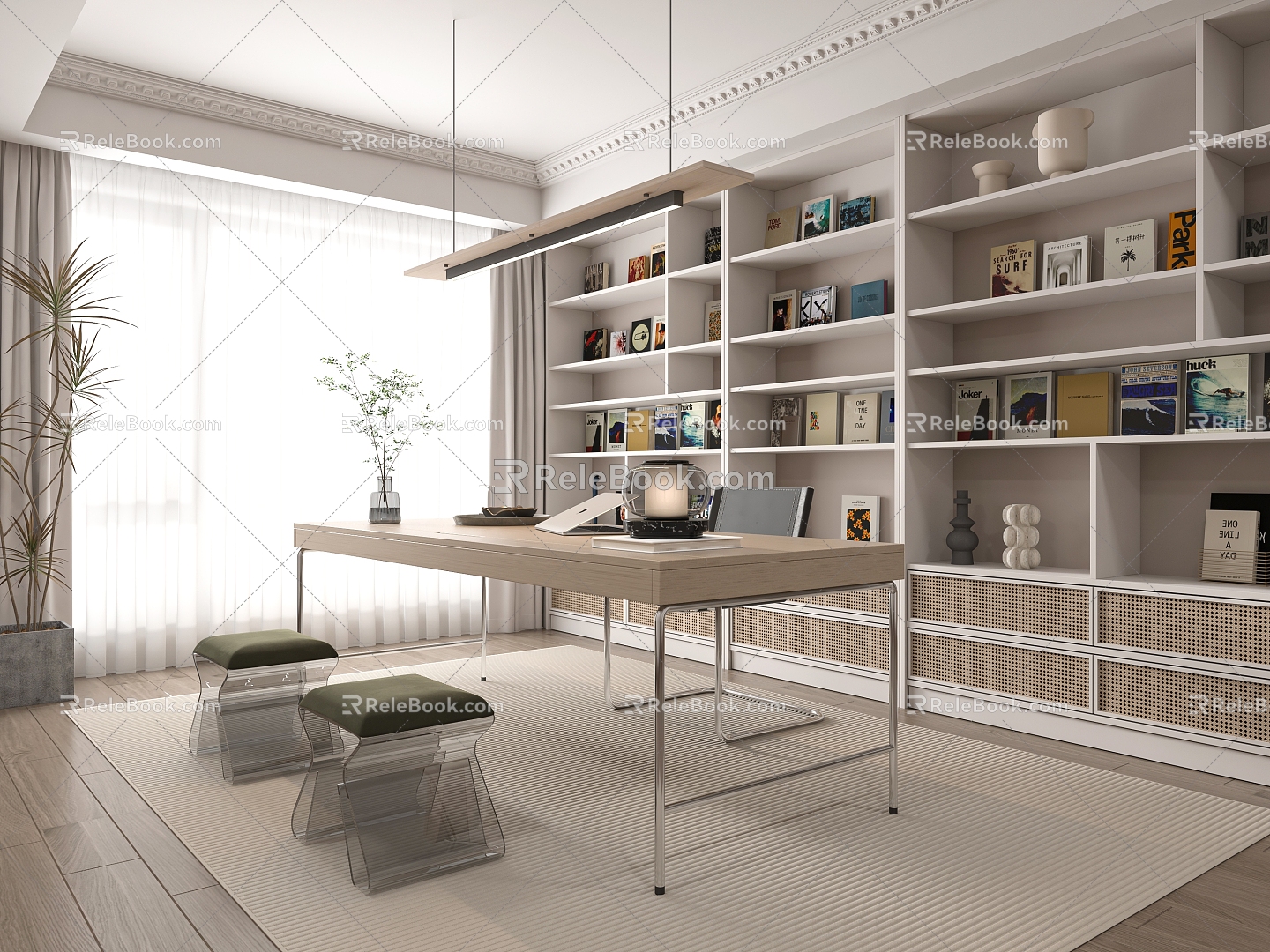 Modern study desk and chair combination bookcase 3d model