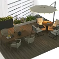 Outdoor Wooden Tables With Chairs Umbrella And Green Plants On Patio Deck