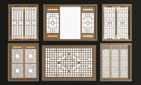 New Chinese Style Pattern Window Solid Wood Lattice Pattern Window Combination 3d model