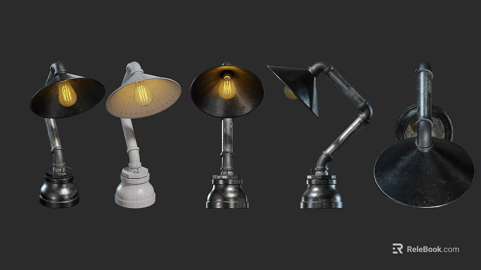 Vintage Table Lamps With Metal Bases And Warm Light Bulbs In Various Designs 3d model 
