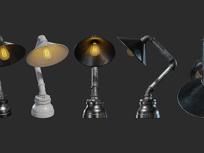Vintage Table Lamps With Metal Bases And Warm Light Bulbs In Various Designs 3d model