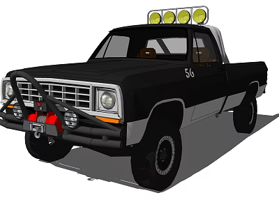 Black Pickup Truck With Three Yellow Roof Lights Front Bumper Guard And Off Road Tires 3d model
