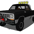 Black Pickup Truck With Three Yellow Roof Lights Front Bumper Guard And Off Road Tires