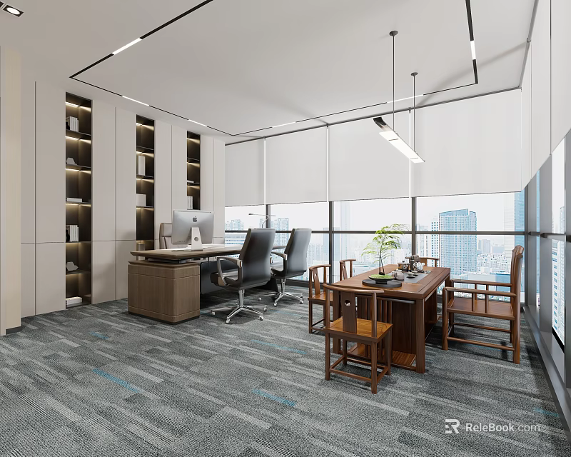 Modern Office Interior Design With Wooden Desk Ergonomic Chair Wall Bookshelf And City View Windows 3d model 