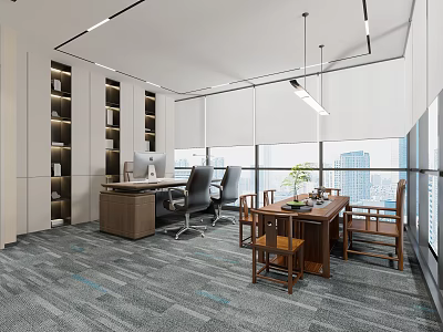 Modern Office Interior Design With Wooden Desk Ergonomic Chair Wall Bookshelf And City View Windows 3d model