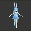 Anime Style Character With Rabbit Ears Blue Long Hair Green Eyes And Blue Dress