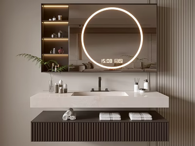 Modern Bathroom Vanity With Round Backlit Mirror Double Sink Countertop And Toiletries 3d model