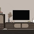 Modern Wooden TV Stand with Rattan Details and Wall Mounted TV with Decorative Vase