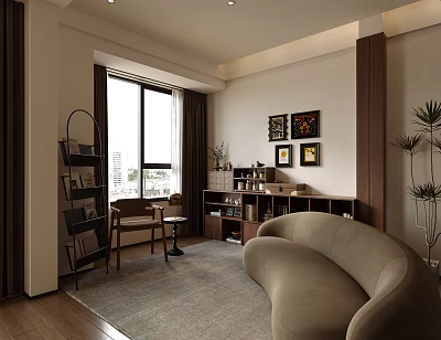 Cozy Entertainment Room With Curved Sofa Bookshelf Large Window And Plants 3d model