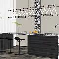 Modern Bar Counter With Marble Top Black Stools Geometric Pendant Lights Fresh Fruits And Plant