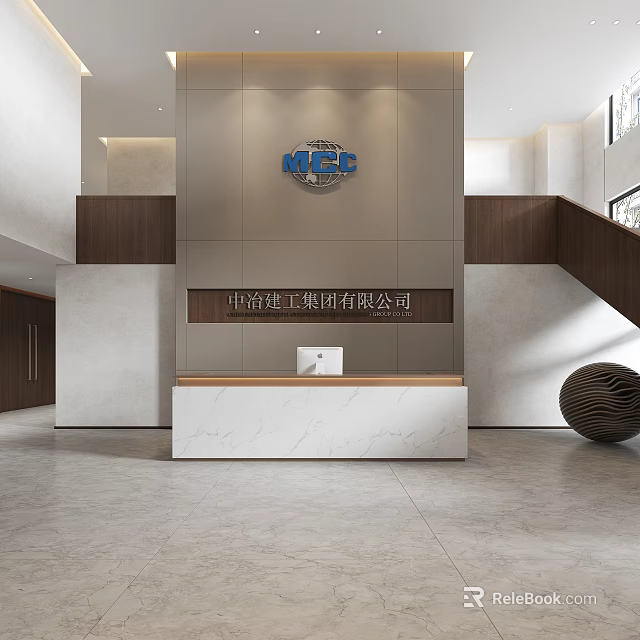 Modern Reception Desk With Company Logo Name Sign Marble Top Light Gray Wall Wooden Decor 3d model 
