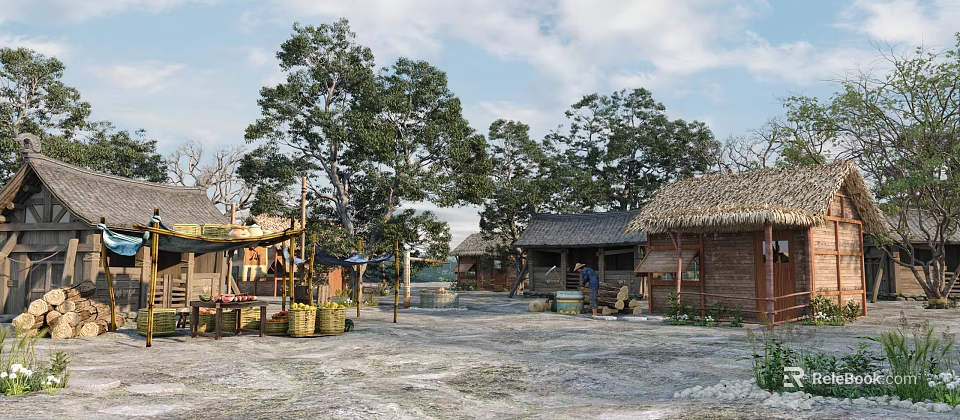 Traditional Village Scene With Thatched Roof Houses And Large Old Trees 3d model 