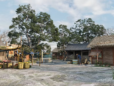 Traditional Village Scene With Thatched Roof Houses And Large Old Trees 3d model