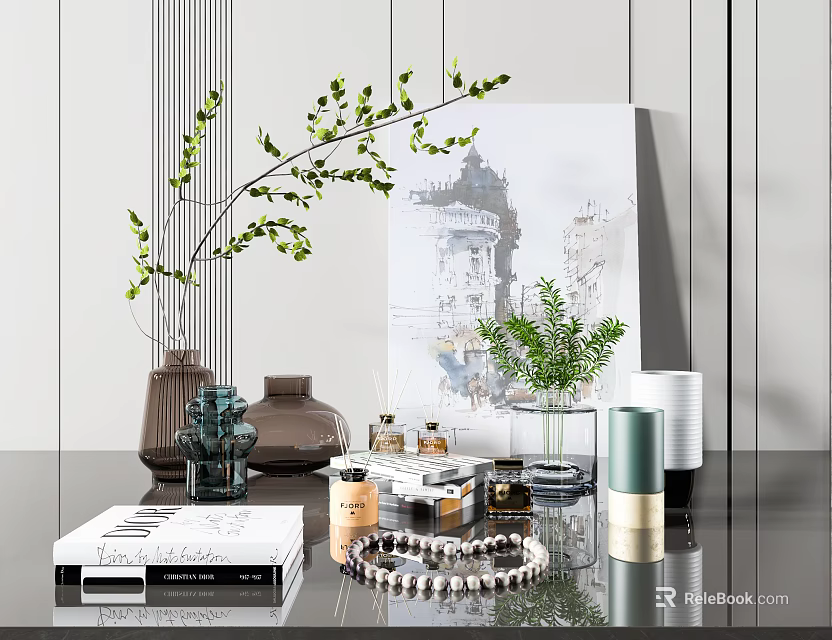 Elegant Modern Decorative Ornament Set With Green Plants Painting Vases Books Necklace And Fragrance Bottles 3d model 