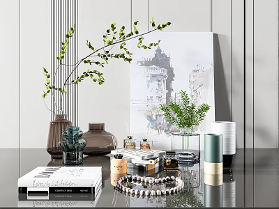 Elegant Modern Decorative Ornament Set With Green Plants Painting Vases Books Necklace And Fragrance Bottles 3d model